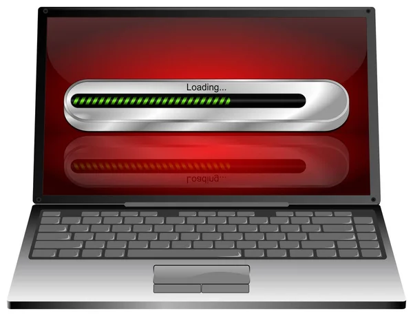赤いデスクトップ上の緑のロードバーとノートパソコン 3Dイラスト — ストック写真