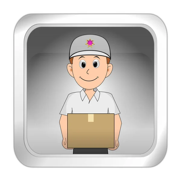 Friendly Courier Delivering Parcel Button Silver Illustration — Stock Photo, Image