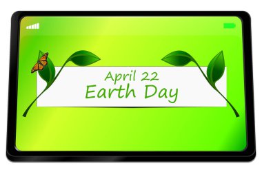 Tablet computer with Earth Day Banner on green desktop - 22 April - 3D illustration