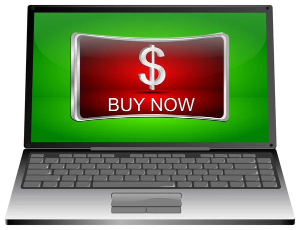 Laptop computer with red Buy now Button on green desktop - 3D illustration