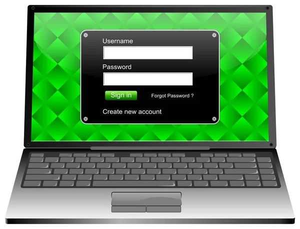Computador Portátil Com Tela Login Preta Desktop Verde Ilustração — Fotografia de Stock