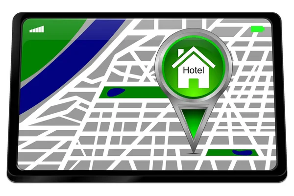 Tablet computer with green Hotel Map Pointer - 3D illustration