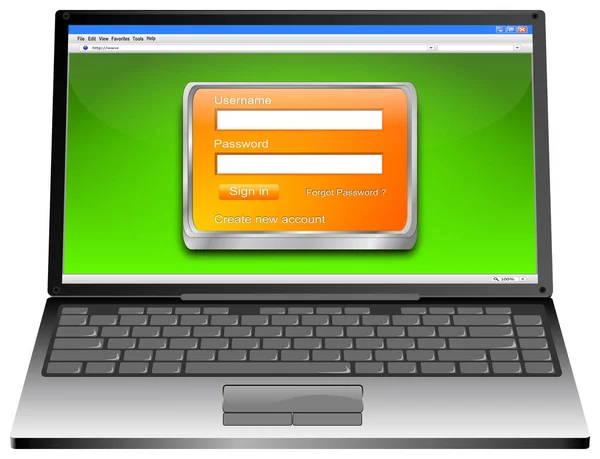 緑デスクトップ 図のオレンジ色のログイン画面を持つノート パソコン — ストック写真
