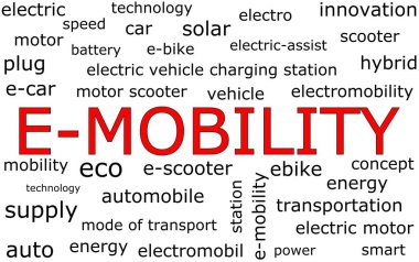 Beyaz arkaplan resimlerinde E-Mobilite Kelimesi Bulutu