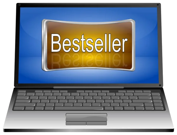 Computador Portátil Com Botão Laranja Bestseller Área Trabalho Azul Ilustração — Fotografia de Stock