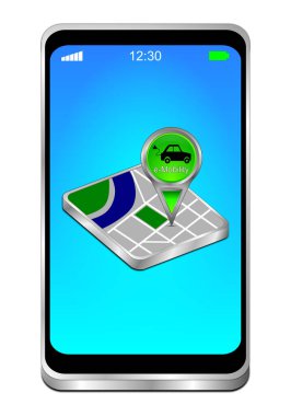 Mavi ekranda e-hareketlilik gösteren yeşil haritalı akıllı telefon - 3D illüstrasyon