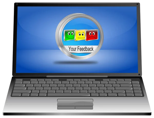 Laptop Com Seu Botão Feedback Área Trabalho Azul Ilustração — Fotografia de Stock