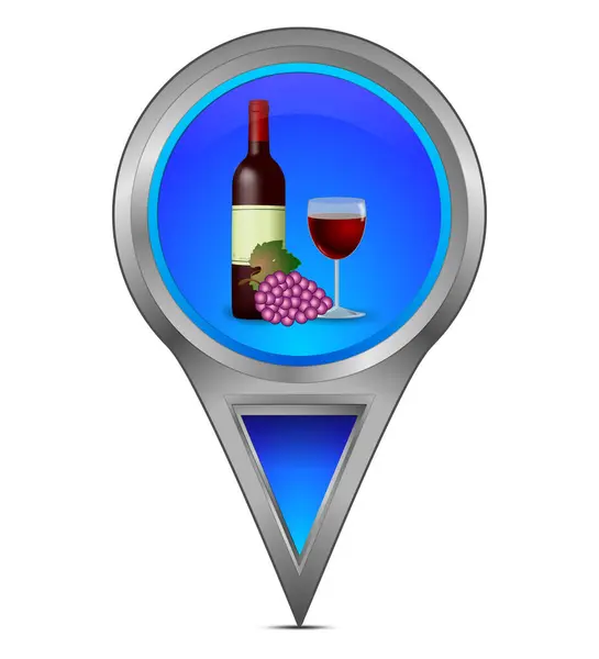 Map pointer blue with wine bottle, a glass of wine and grapes  illustration
