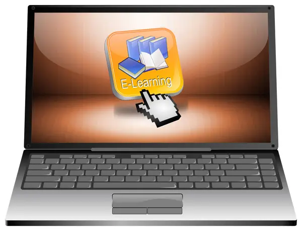 Laptop Computer with E-Learning Button with cursor on orange desktop - 3D illustration