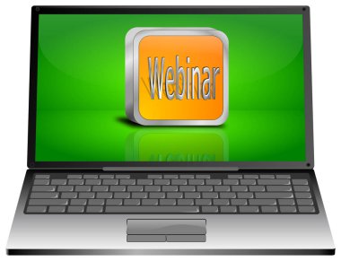 Yeşil masaüstünde Webinar düğmesi olan dizüstü bilgisayar - 3D illüstrasyon