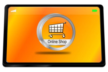 Turuncu ekranda çevrimiçi Shop Button portakalı tablet bilgisayarı - 3D illüstrasyon