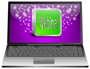 Pırıl pırıl mor masaüstünde Webinar olan dizüstü bilgisayar - 3D illüstrasyon