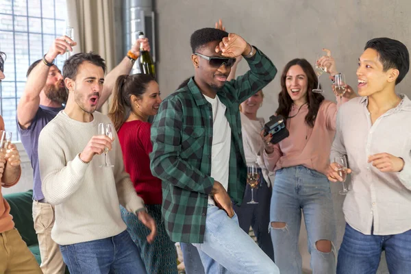 Multiracial Friends Dancing Drinking Wine Birthday Party Home — Stock Photo, Image