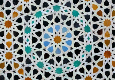 Marakeş, Fas 'ta geleneksel seramik zemin ve duvar deseni ve dokusu