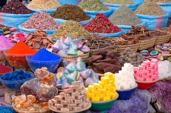 Organic Products Ethnic Arabian Fair Marrakesh Morocco Various Kinds Condiments — Stock Photo, Image