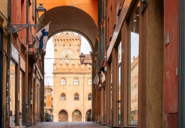 Panoramic view of Palazzo Accursio Town Hall clock tower. Bologna, Italy  clipart