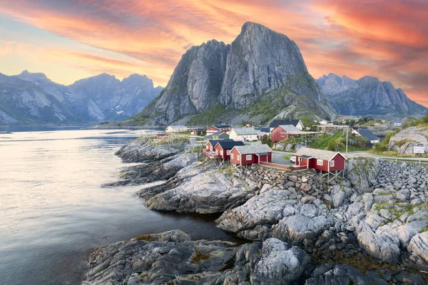 Пейзаж Традиційного Рибальського Села Гамноя Лофотенські Острови Норвегія Стокова Картинка