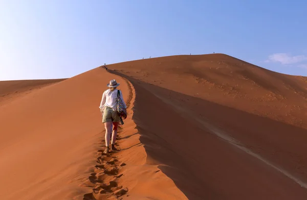 Sossusvlei, Namib Çölü, Namib Naukluft Ulusal Parkı, Namibya 'daki kum tepelerinde yürüyoruz. Seyahat eden insanlar, macera ve Afrika 'da tatiller.