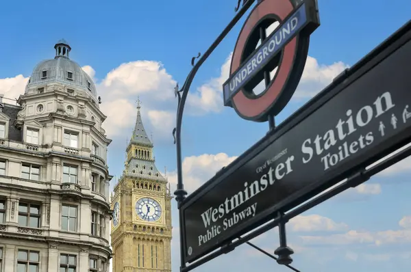 stock image LONDON - August 12: London underground sign at the Westminster station on August 12, 2023 in London, UK. The system serves 270 stations and has 402 kilometres of track, 52% of which is above ground.