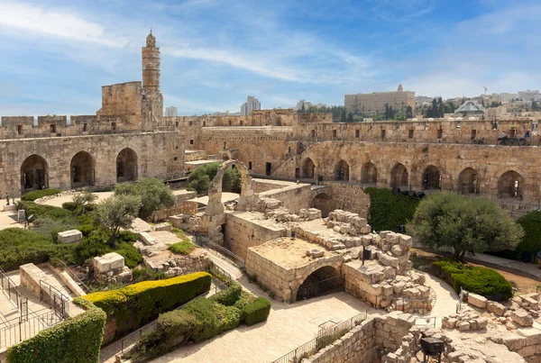 stock image View of the archaeological finds in the courtyard and the Ottoman minaret in the Tower of David in the Old City of Jerusalem