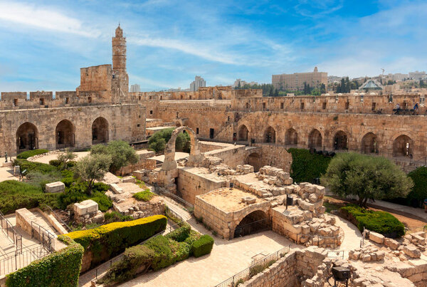 View of the archaeological finds in the courtyard and the Ottoman minaret in the Tower of David in the Old City of Jerusalem