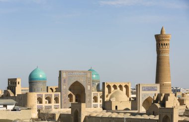 Buhara, Özbekistan Havacılık görüşü Mir-i Arap Madrasa Kalyan minaresi ve Poi Kalyan Camii ve Buhara Sandığı.