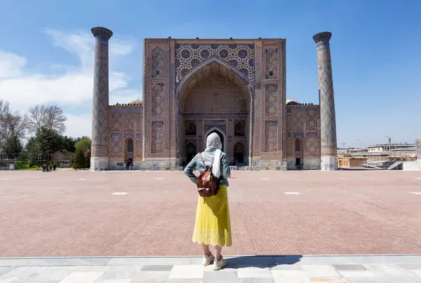 stock image tourist woman in Registan square Samarkand, Uzbekistan