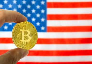 Arka planda Bitcoin ve ABD bayrağı var. Kripto para birimi ve Amerika Birleşik Devletleri kavramı
