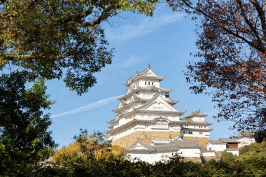 Himeji Kalesi 'nde yaprak çerçeveli bir kale. Himeji Kalesi Hyogo, Kansai, Japonya 'da tarihi bir kaledir.