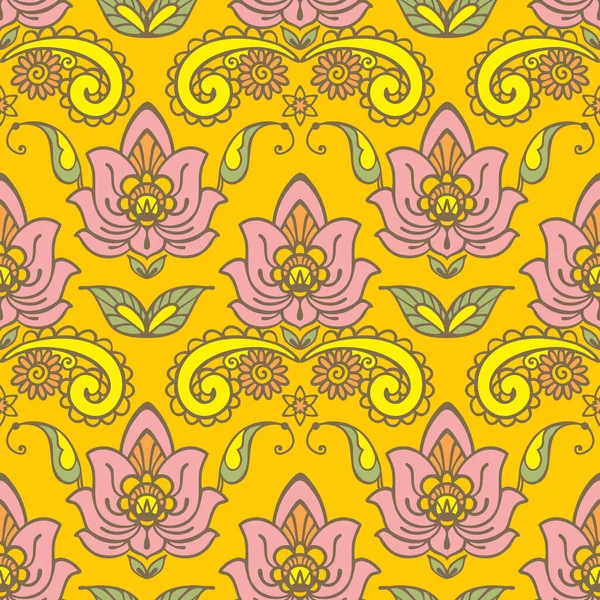装饰花卉无缝图案 粉红色莲花 印度风格 — 图库矢量图片