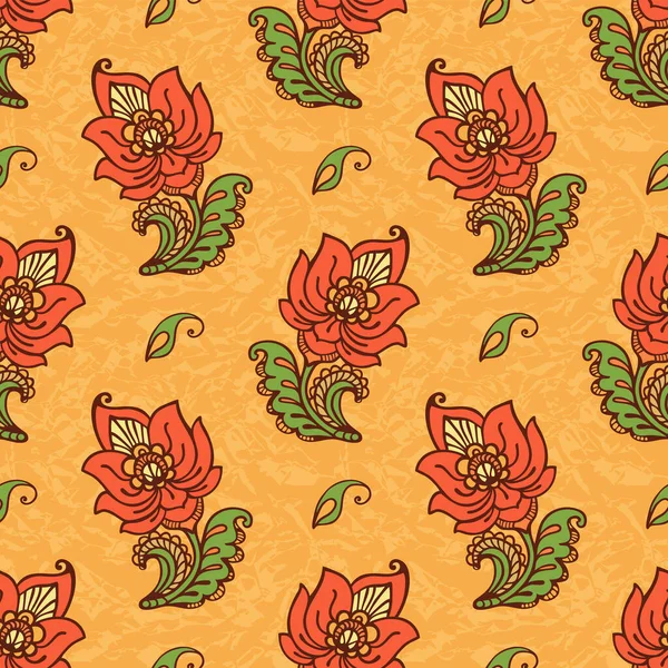 民俗的な装飾的な赤い花のシームレスなパターン — ストックベクタ