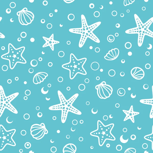 蓝绿色和白色的海星和贝壳无缝图案 — 图库矢量图片