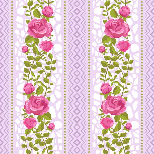 バラの花や幾何学的な装飾縞 シームレスなパターン — ストックベクタ