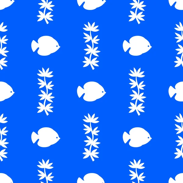 Pesci Tropicali Alghe Modello Oceano Senza Cuciture Blu Bianco — Vettoriale Stock