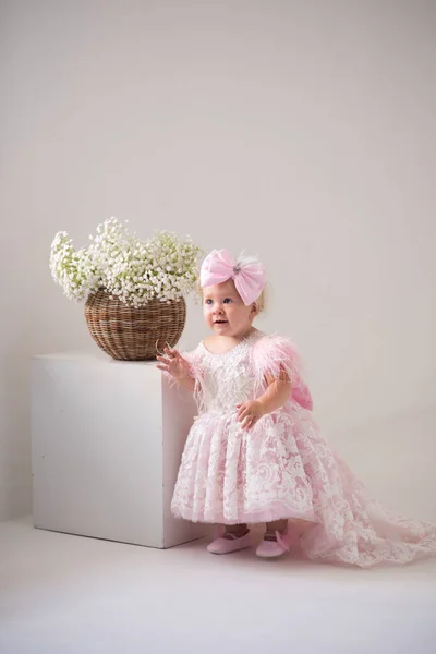 Beyaz Arka Planda Elbise Giymiş Küçük Bir Kız — Stok fotoğraf