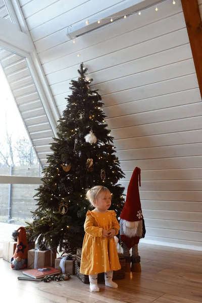 Kind Versieren Kerstboom Portret Van Een Meisje Jurk — Stockfoto