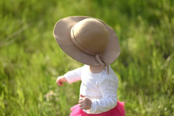 Портрет Милої Маленької Дівчинки Капелюсі Весняному Лузі Зеленій Траві — стокове фото