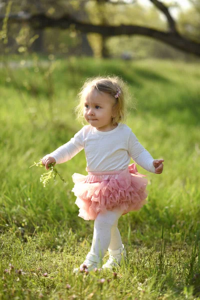 Portré Egy Aranyos Kislányról Tavasszal Rét Zöld Füvön — Stock Fotó
