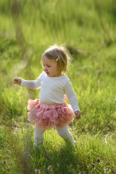 Portrait Une Jolie Petite Fille Printemps Prairie Sur Herbe Verte — Photo