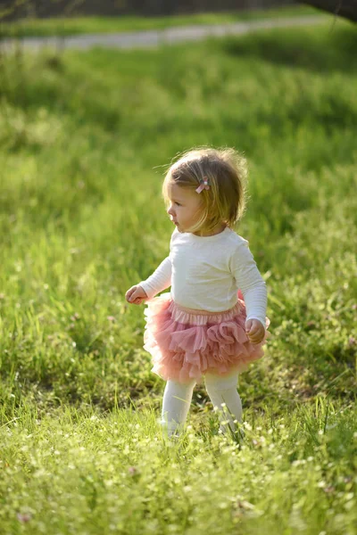 Portret Van Een Schattig Klein Meisje Het Voorjaar Weide Groen — Stockfoto