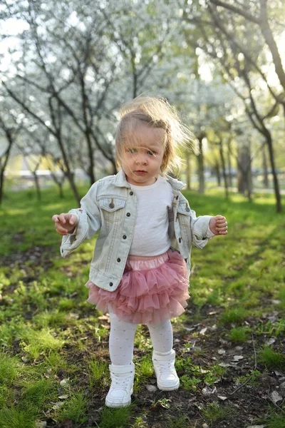 Portrait Une Jolie Petite Fille Printemps Prairie Sur Herbe Verte — Photo