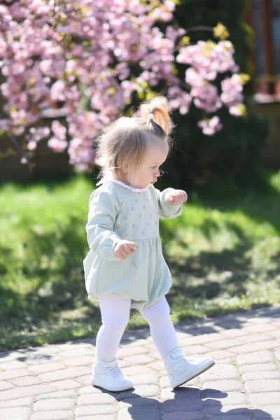 Mädchen Park Mit Blumen Kleines Mädchen Garten — Stockfoto