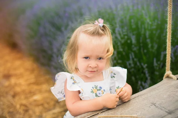 Beautiful Little Girl Walking Lavender Field Fair Haired Girl Smiles — Stock Photo, Image