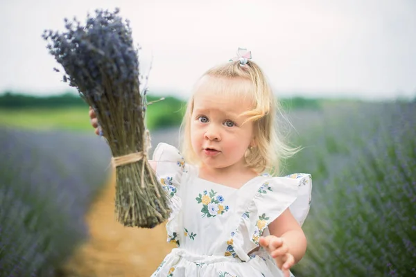 Ein Schönes Kleines Mädchen Geht Durch Ein Lavendelfeld Das Blonde — Stockfoto