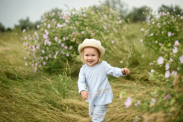 Egy Gyönyörű Kislány Sétál Mezőn Nyár Virágokkal Jár Mezőn — Stock Fotó