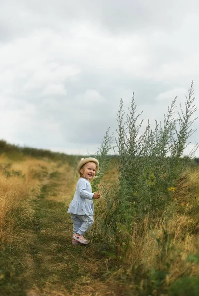 Küçük Güzel Kız Tarlada Yürüyor Yaz Çiçekli Tarlalarda Yürüyor — Stok fotoğraf