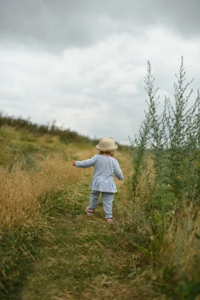 小さな美しい女の子のフィールドに歩いている 夏は花々と畑を歩く — ストック写真