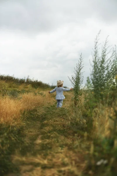 Mała Piękna Dziewczynka Chodzi Polu Letnie Spacery Polach Kwiatami — Zdjęcie stockowe