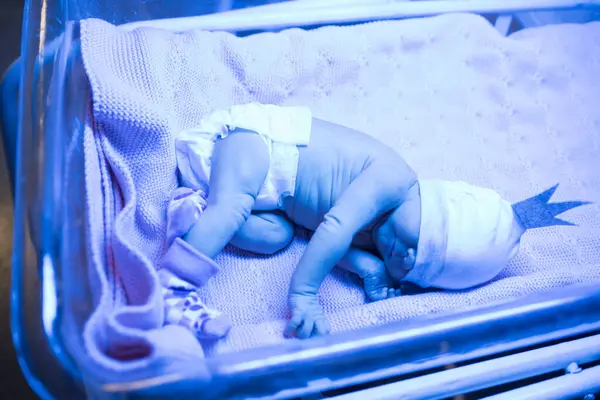 Yeni doğmuş bebek. Bebek, doğum hastanesinde mavi bir lambanın altında yatıyor. Yeni doğan sarılığın tedavisi