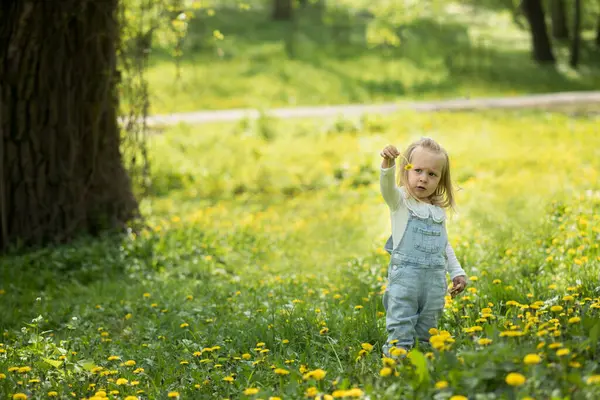 공원에서 아름다운 소녀는 민들레 들판에서 걸어갑니다 아이의 노란색 부츠를 머리를 로열티 프리 스톡 사진